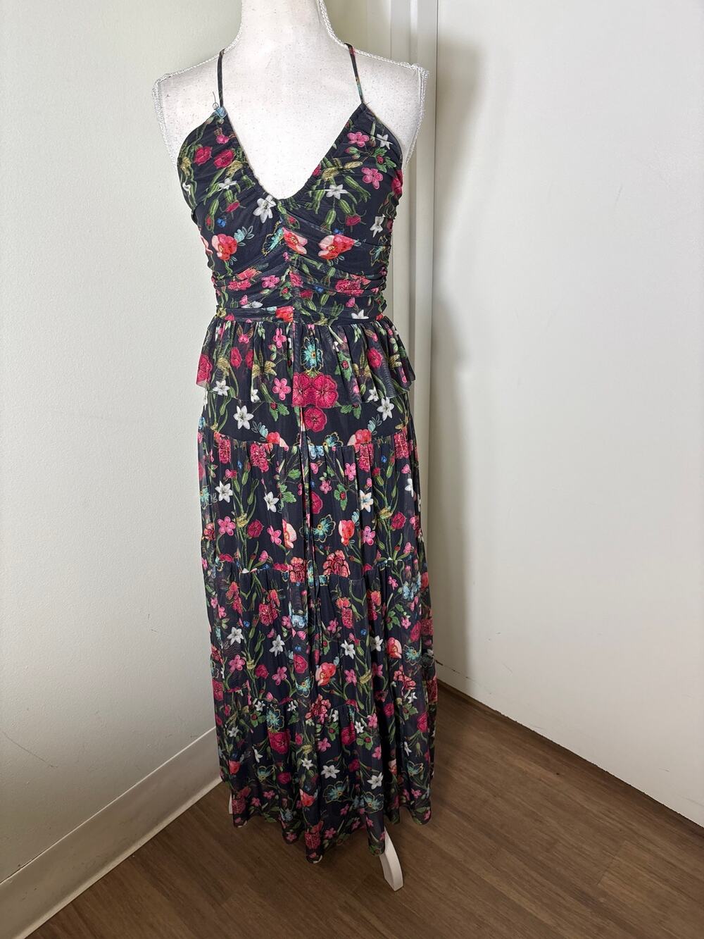 NSR Black Floral Mesh Spaghetti Strap Maxi Dress Sz XS